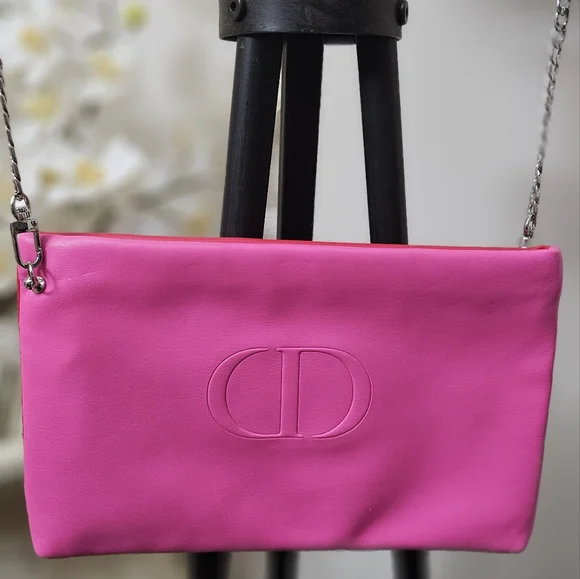 Dior Beauty Red & Pink Vegan Leather Two-Tone Pouch with crossbody chain NWOT - Picture 2 of 15